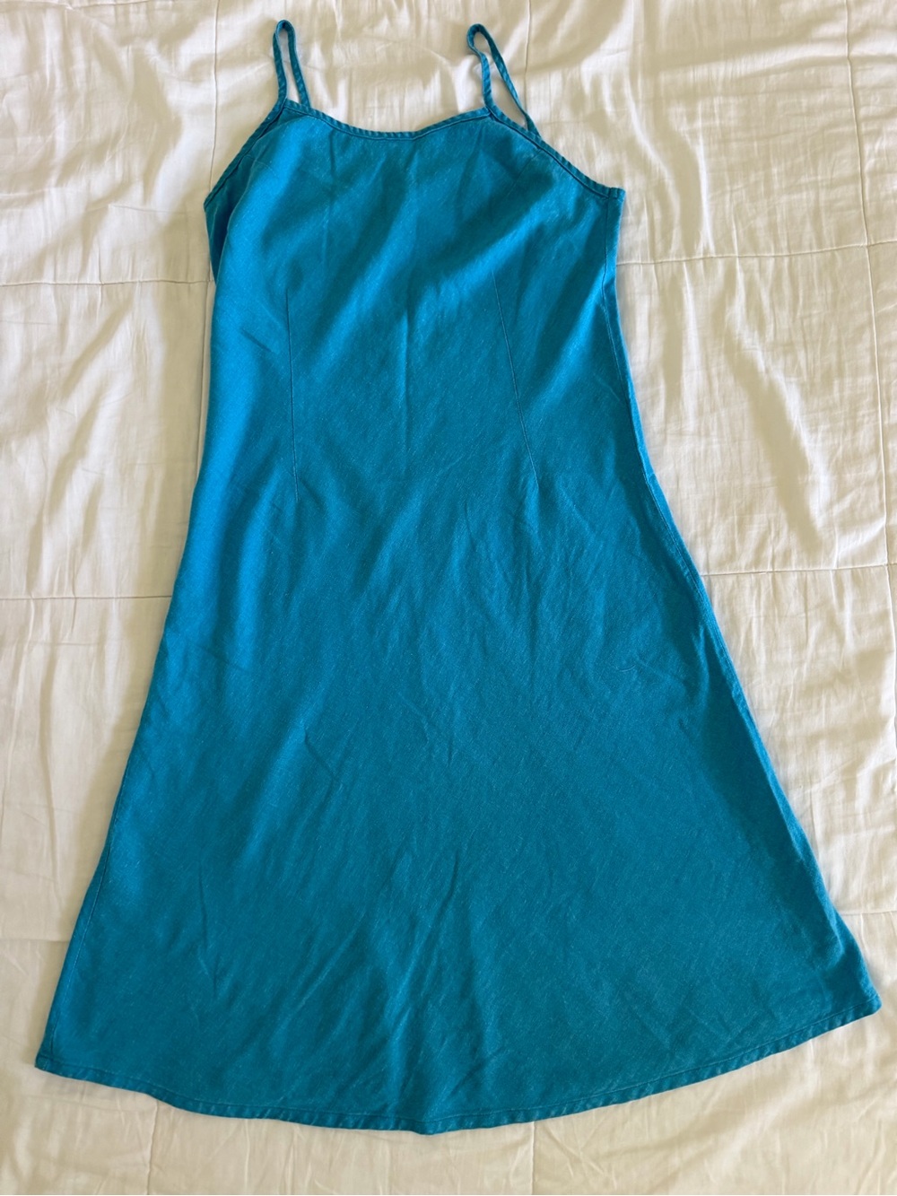 Linen Teal Blue Slip Dress with Spaghetti Straps